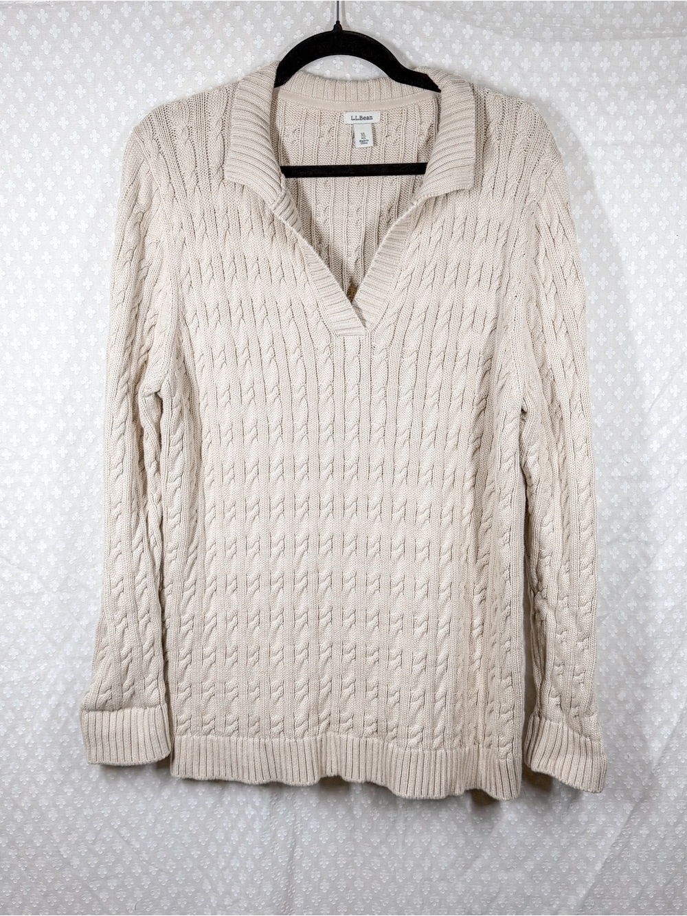L.L. Bean Cream Cable Knit Collared Cotton Sweater